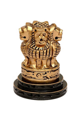 Carved lion Ashoka Stambh wooden emblem memento, front view on layered black base