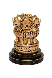 Carved lion Ashoka Stambh wooden emblem memento, front view on layered black base