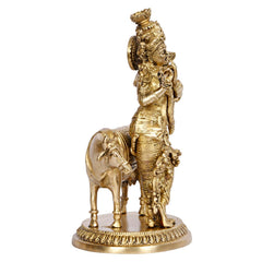 Brass Krishna on cow statue, rear side view with sculpted armor-like details
