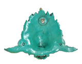 Back of teal resin Kirtimukha wall hanging with hanging slot/loop at center