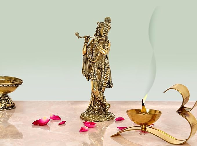 Gold brass Lord Krishna idol figurine playing flute, 6 inch height