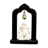 Marble Lord Ganesha idol with brass hanging bell on wooden arch base