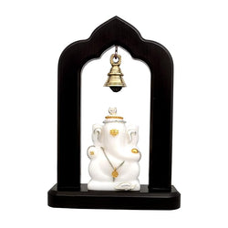 Marble Lord Ganesha Idol Statue with Brass Hanging Bells Wooden Base Ganesha Idols for Home Living Room Office Decor Gifts Height 9 Inch