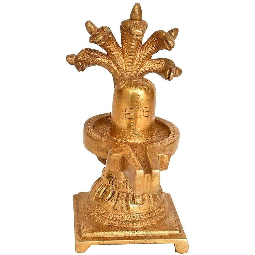 Brass Shiva Linga Under Five Hooded Serpent Protection, Height: 5.3"