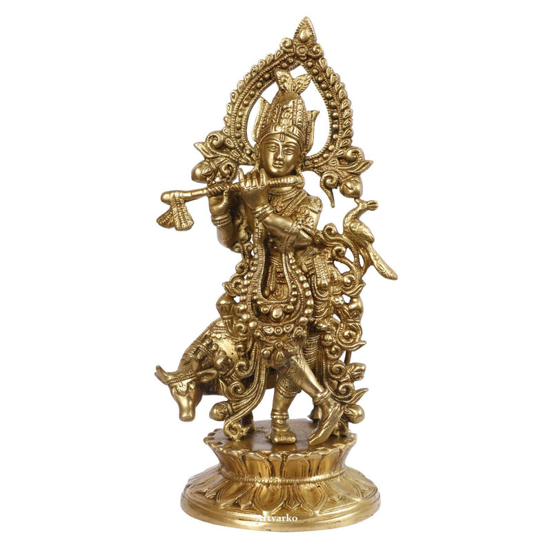 Brass Gold Lord Bhagwan Krishna Murti with Flute with Cow Statue for Home Temple Decor (Height: 12 Inches)