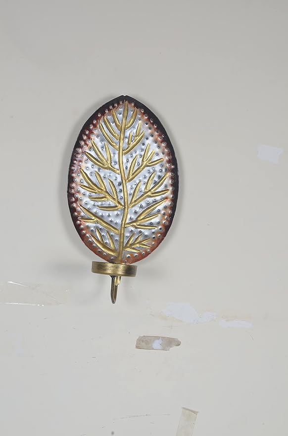 Iron leaf wall candle holder with oval metal design, gold vine details and cup base