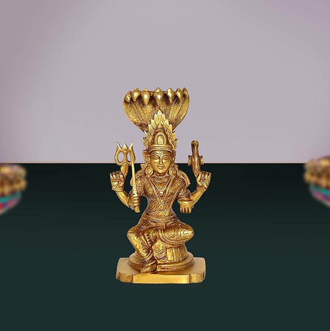 Gold brass Durga Mariamman idol, four-armed with crown and trident, 8 in