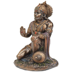 Bronze seated Hanuman figurine, 7.5 in, side view with ornate necklaces and decorated shawl
