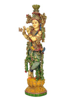 Lord Krishna sculpture playing flute from side, detailed crown and jeweled multicolor outfit