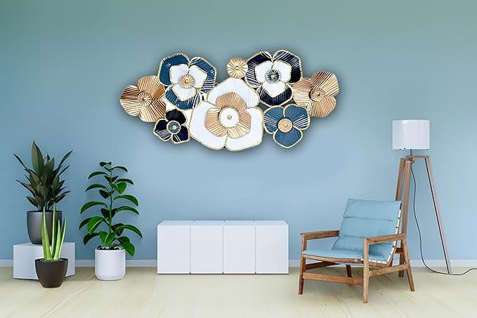 Metal Wall Mounted Hanging Art Decor Flower Design Sculpture for Home Living Room Bedroom Width 43 Inch-Multicolour