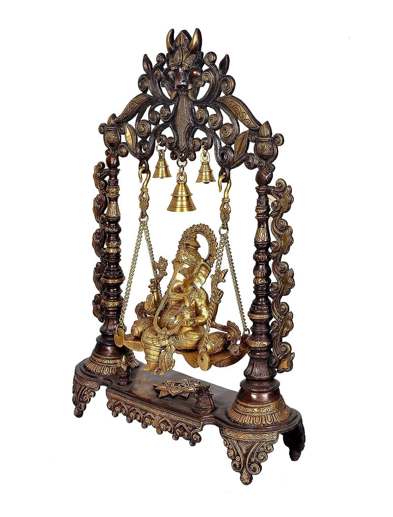 AONA Brass Ganesha Swing Statue Idol with Bells for Home Decor | Height : 27 Inches | Weight : 17 KG (Golden)