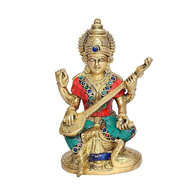Brass Goddess Saraswati Murti (Height 6.5 inch) Craft Detail