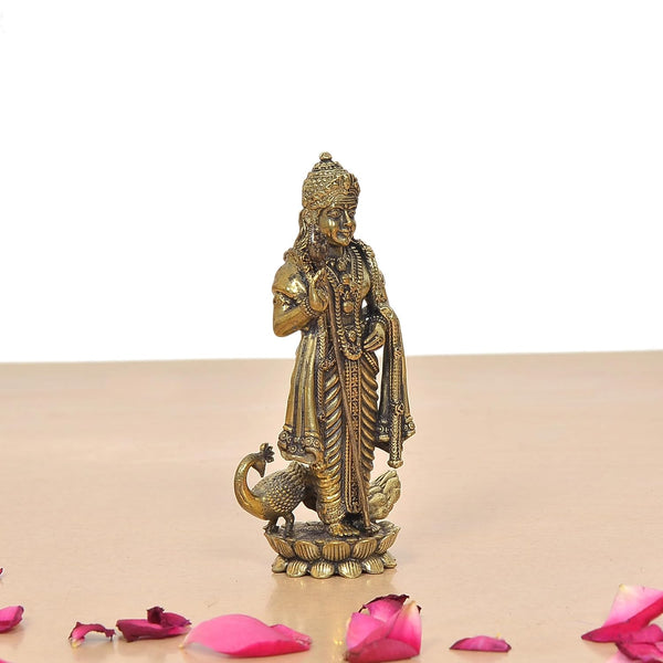 Superfine Brass Standing Lord Kartikeya with Peacock Murugan Murti (Height 4.5 Inch) Study Setting