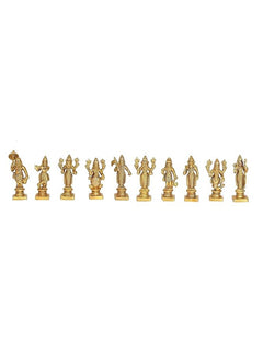 Brass Dashavatara Vishnu mini statues set of 10, standing figures on bases