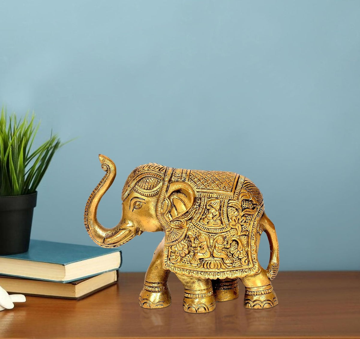 Brass elephant figurine with engraved details, standing pose, 4 in height