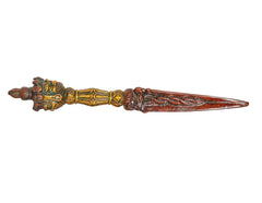 Full view furba phurpa dagger pendant with gold-toned grip and brown pointed blade
