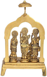 Brass Ram Darbar idol under arch, three standing figures with crowns and halos
