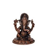 Copper Ganesha murti with raised hands, seated on ornate lotus base, front view