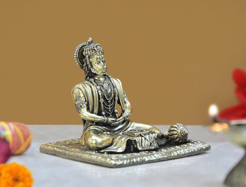 Bronze Hand Carved Meditating God Hanuman with Ramayan Idol Sculpture Statue (Height: 4 Inch)