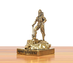 Brass Bhagawan Parashurama statue from side, sword raised, on rectangular base