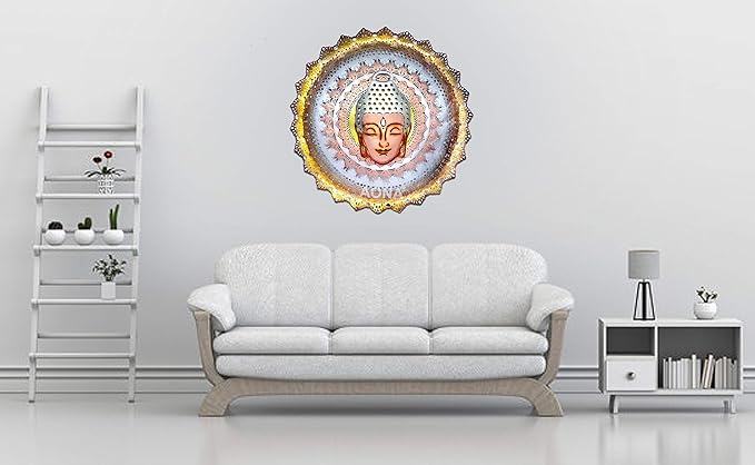 Buddha Metal Wiser Wrought Iron Round Wall Mounted Hanging Art Decor Antique Design Religious Sculpture with LED Light (Multicolour, 32 X 32 X 5 inches)