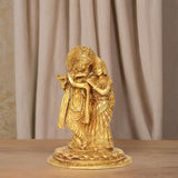 Gold-tone Radha Krishna idol statue, close pose with detailed crowns and jewelry