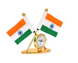 Side view of Indian flag metal dashboard watch with gold frame, twin flags, round dial