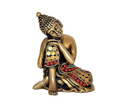 Brass Gautam Buddha statue idol seated, decorated robe with red and teal beadwork