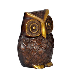 Three-quarter view brass owl with circular eyes, layered feather texture, gold base.
