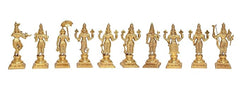 Ten small golden Brass Vishnu avatar statues, uniform bases and ornaments