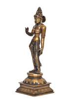 Brass Parvati statue side view, detailed necklace and flowing patterned sash