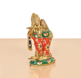 Brass Radha-Krishna idol in standing pose, ornate red, green, and gold jewelry