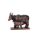 Dark bronze copper cow statue with calf, front view, detailed engravings on saddle
