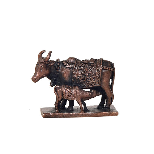 Copper Cow with Calf Statue for Home Pooja Mandir Office Decor (Height 1.5 Inch)