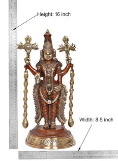 Height 16 in brass Tirupati Bala Ji idol, width 8.5 in, four-armed statue