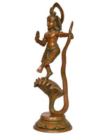 Brass Krishna on Kaliya Naag statue from side view, detailed pedestal base