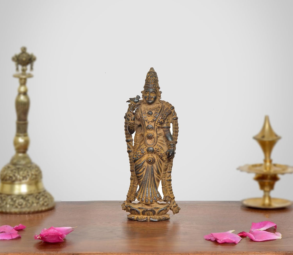 Copper Madurai Meenakshi idol, seated figure with ornate jewelry