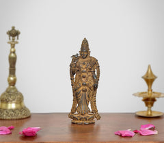 Copper Madurai Meenakshi idol, seated figure with ornate jewelry