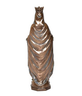 Mother Mary resin statue back view, draped robe and crown, bronze finish on pedestal base