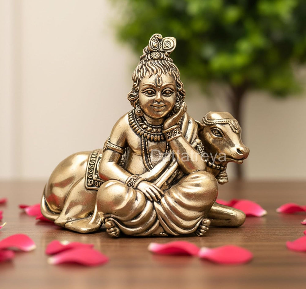 Superfine Brass Lord Bal Gopal with Cow Idol (Height: 3 Inch)