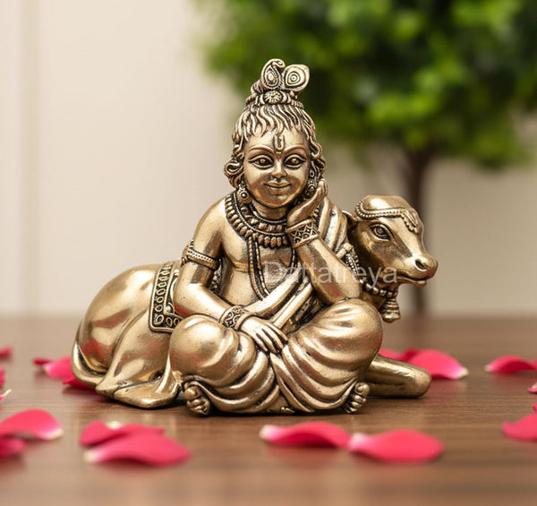 Superfine Brass Lord Bal Gopal with Cow Idol (Height: 3 Inch)