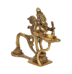 Brass Garun Aarti diya oil wick lamp, angled view with Garuda rider and bowl