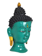 Side view resin Buddha mask wall hanging with turquoise face, black curls, gold earrings
