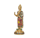 Brass standing Buddha statue, Abhaya mudra hand raised, red jeweled robe with yellow medallion