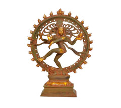 Brass Nataraj Lord Shiva idol on base, dancing pose inside ornate circular ring
