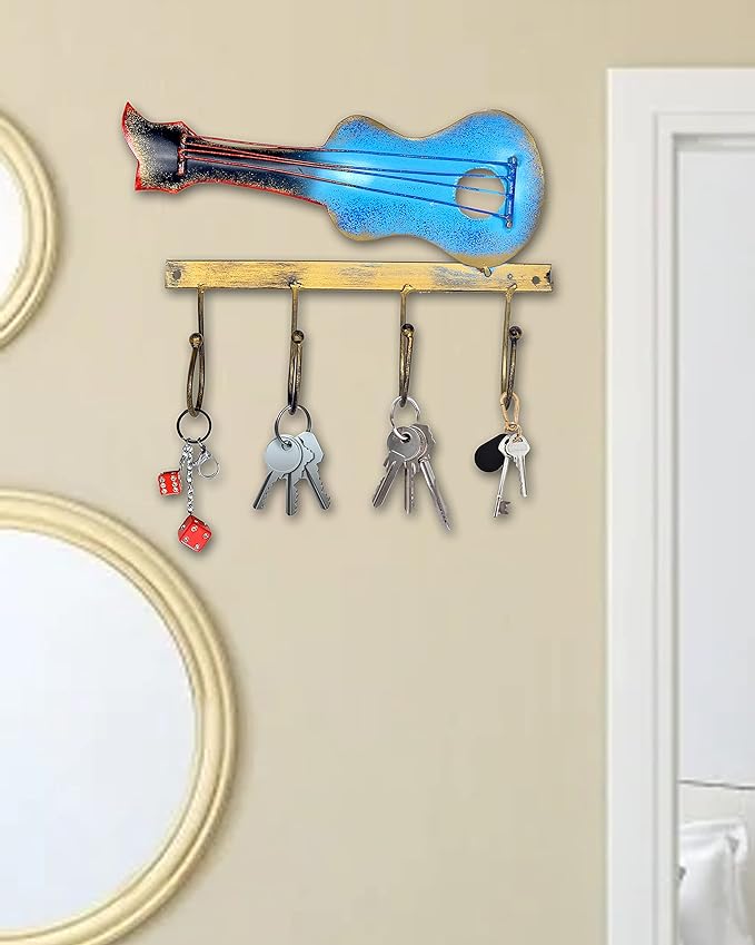 Iron guitar-shaped key hook wall holder with five dangling key rings, blue finish