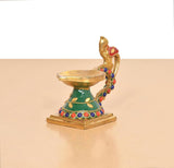 Brass peacock diya rear view, multicolor enamel trim and lamp bowl