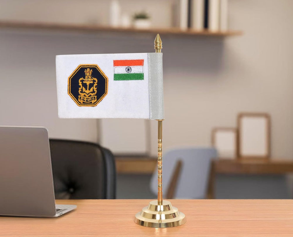 Brass Indian Navy Flag with Indian flag  (Height: 12 inch)