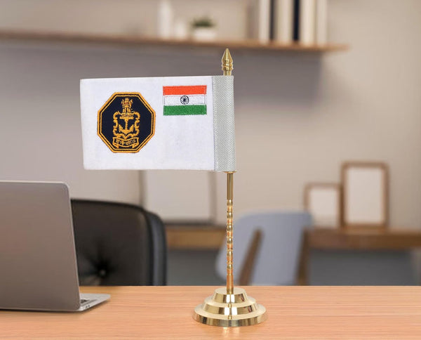 Brass Indian Navy Flag with Indian flag  (Height: 12 inch)