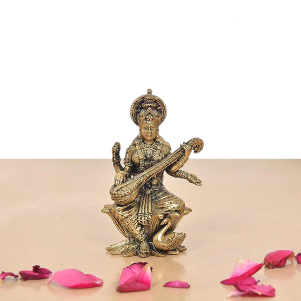Superfine Brass Maa Saraswati Statue Suited for School Bag (Height 4 Inch) Entryway Setting